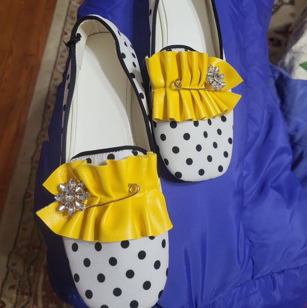 Polka Dot Flats with Yellow Ruffle and Rhinestone Pin Detail